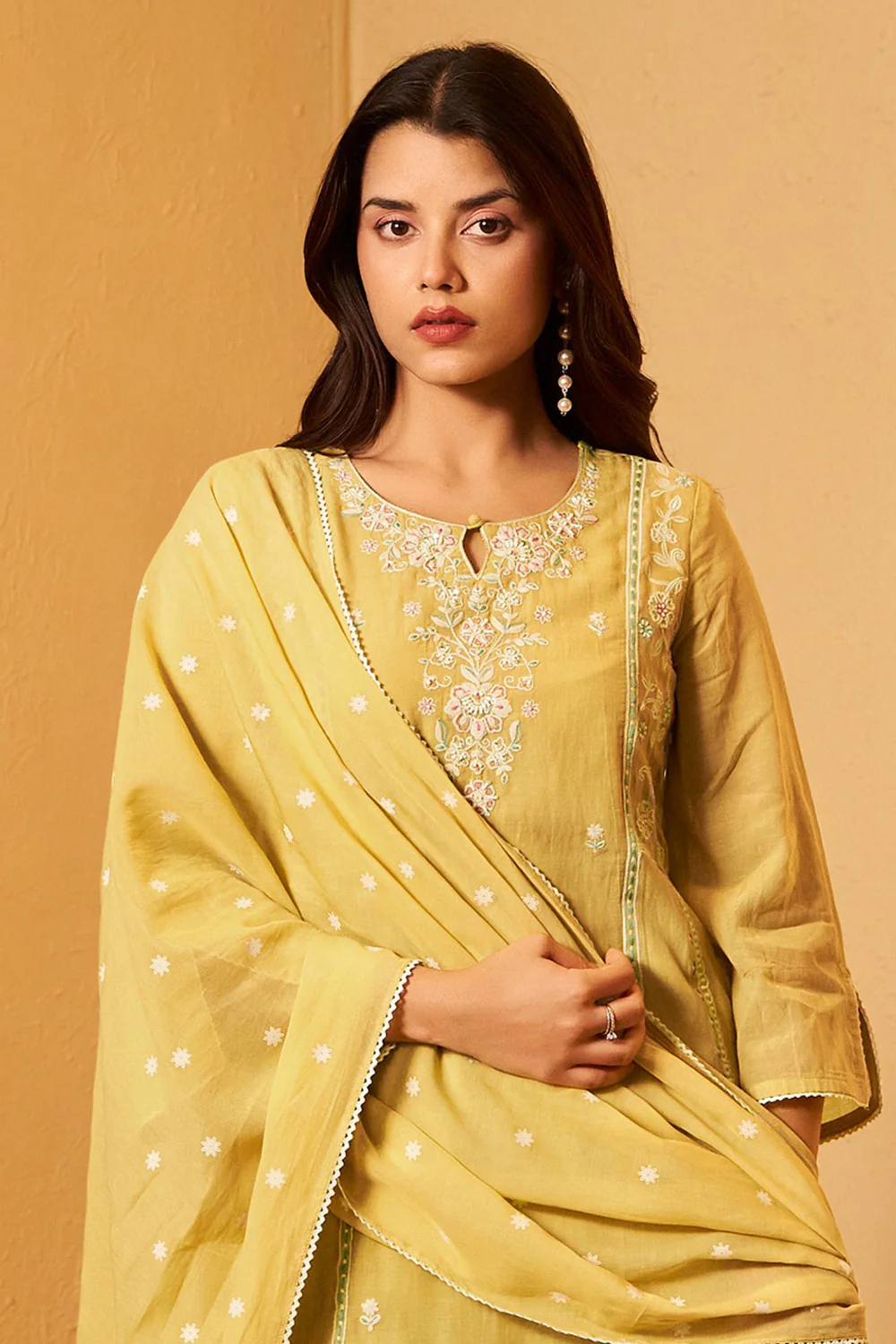 Lemon Yellow Chanderi Cotton Resham Embroidered Straight Suit Set - Image 2