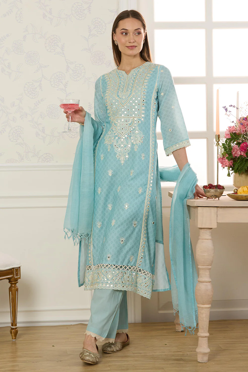 Light Blue Cotton Mirror Work & Resham Embroidered Suit - Image 6