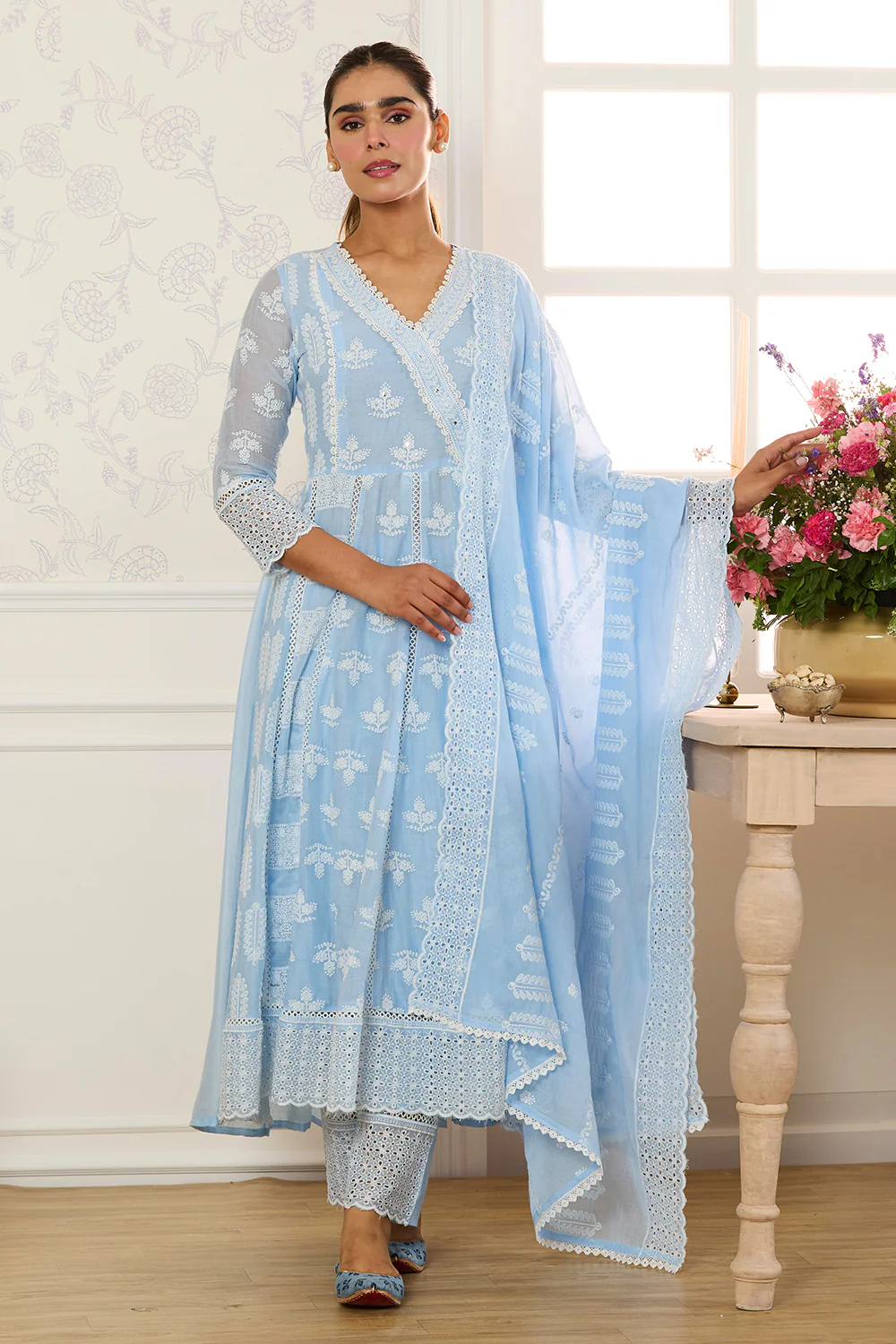 Light Blue Cotton Resham Embroidered and Lace Work Anarkali Suit - Image 11