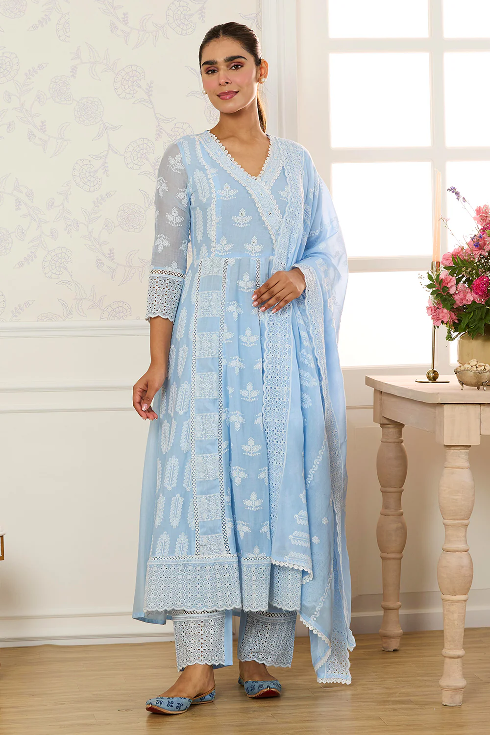 Light Blue Cotton Resham Embroidered and Lace Work Anarkali Suit - Image 12