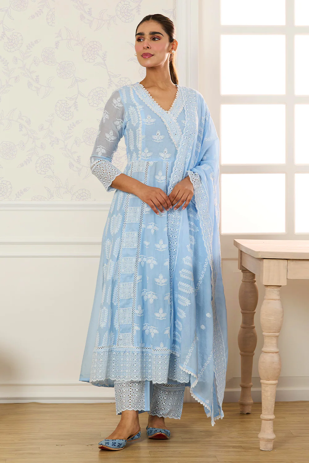 Light Blue Cotton Resham Embroidered and Lace Work Anarkali Suit - Image 3