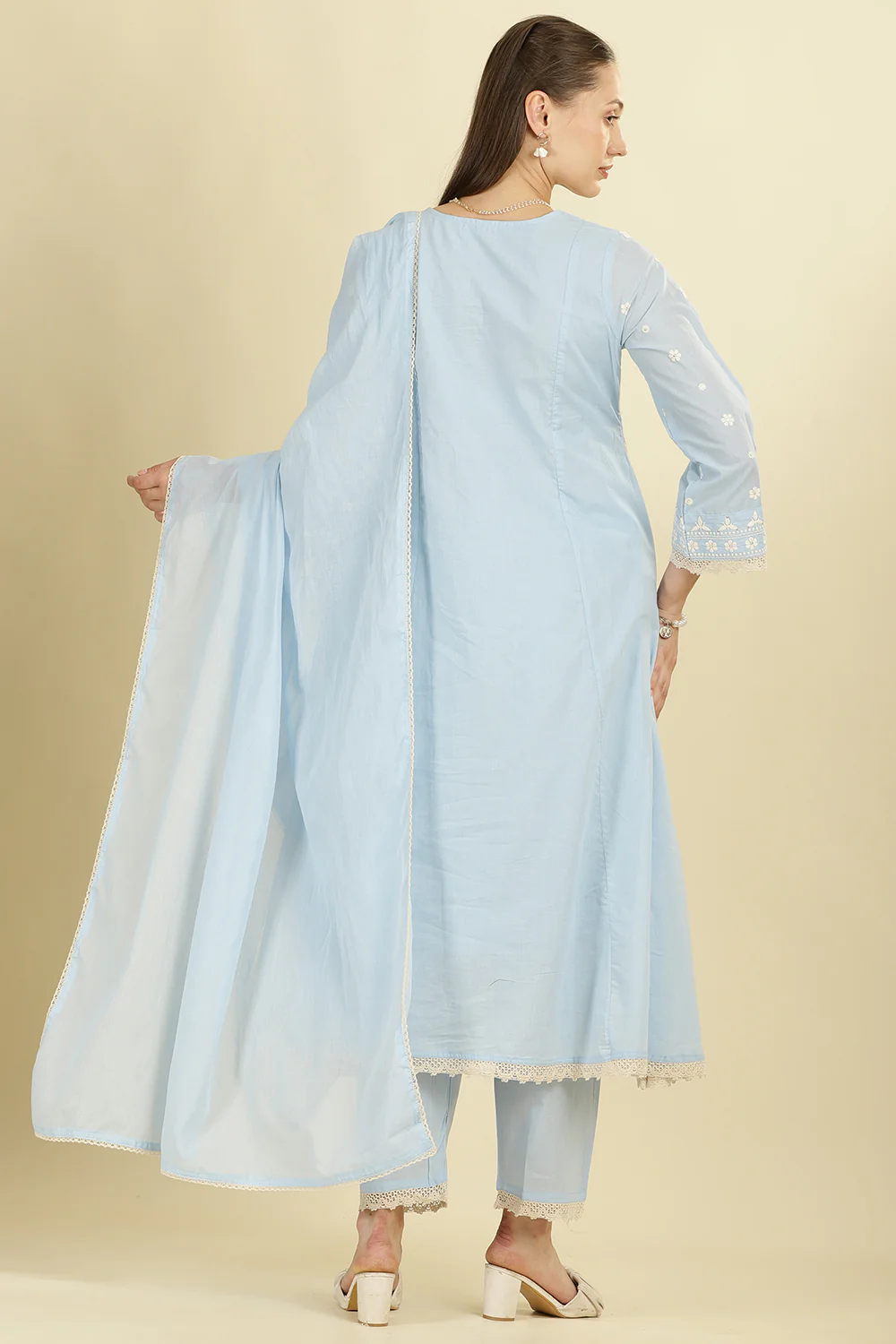 Light Blue Cotton Resham Floral Embroidered Anarkali Suit Set - Image 3