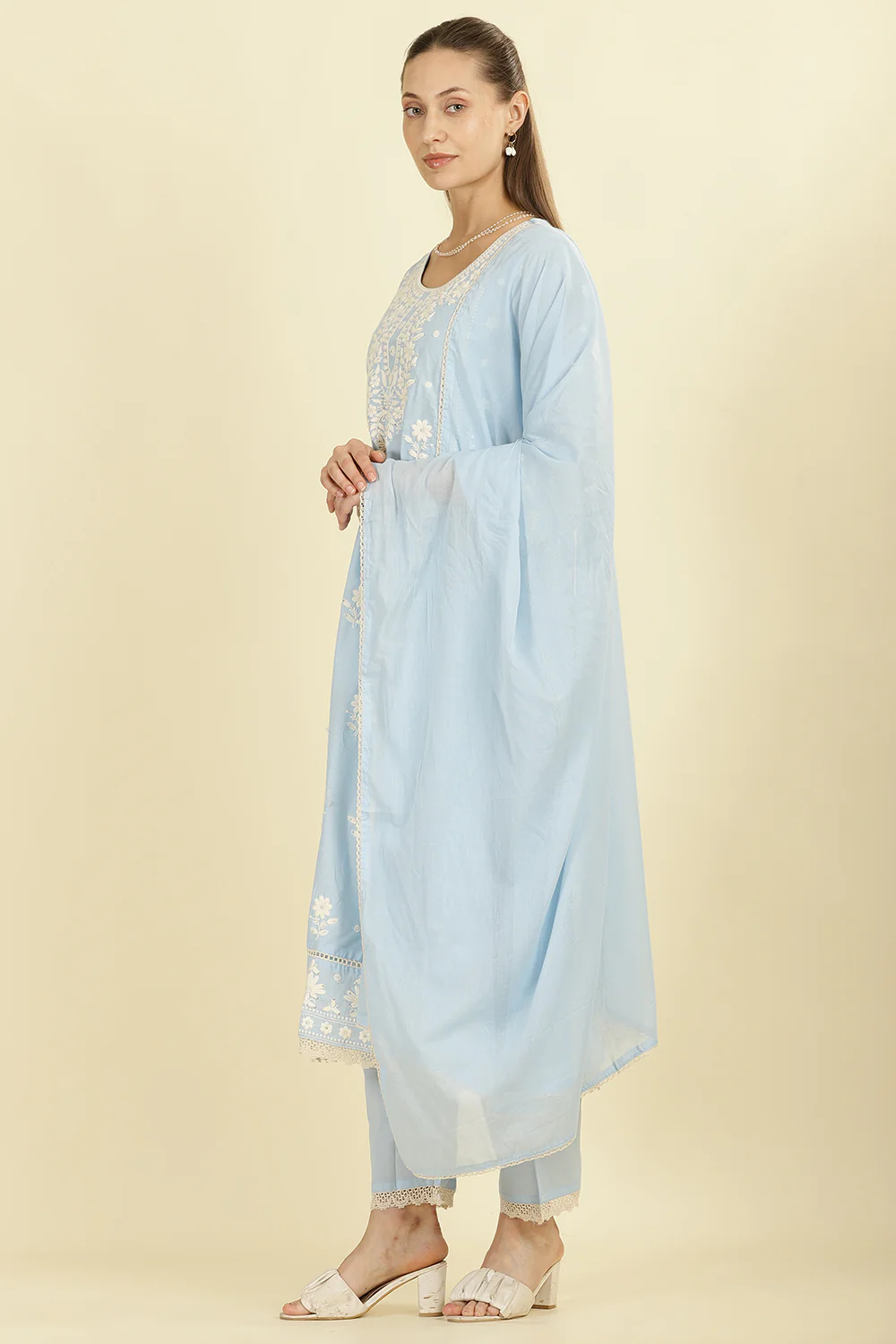 Light Blue Cotton Resham Floral Embroidered Anarkali Suit Set - Image 4