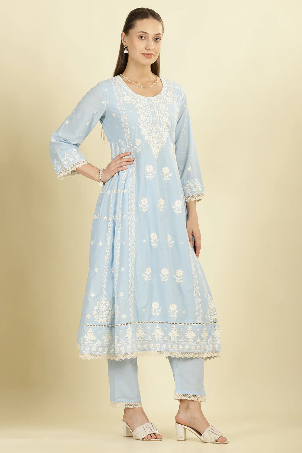 Light Blue Cotton Resham Floral Embroidered Anarkali Suit Set - Image 5
