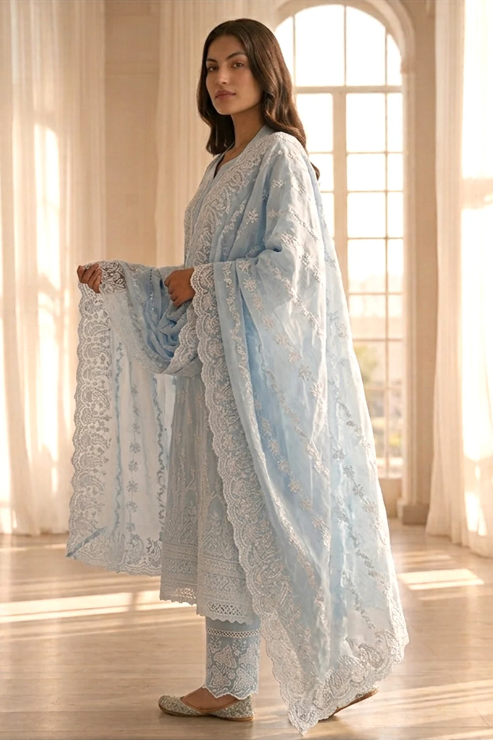 Light Blue Mul Cotton Chikankari Work Suit Set - Image 2