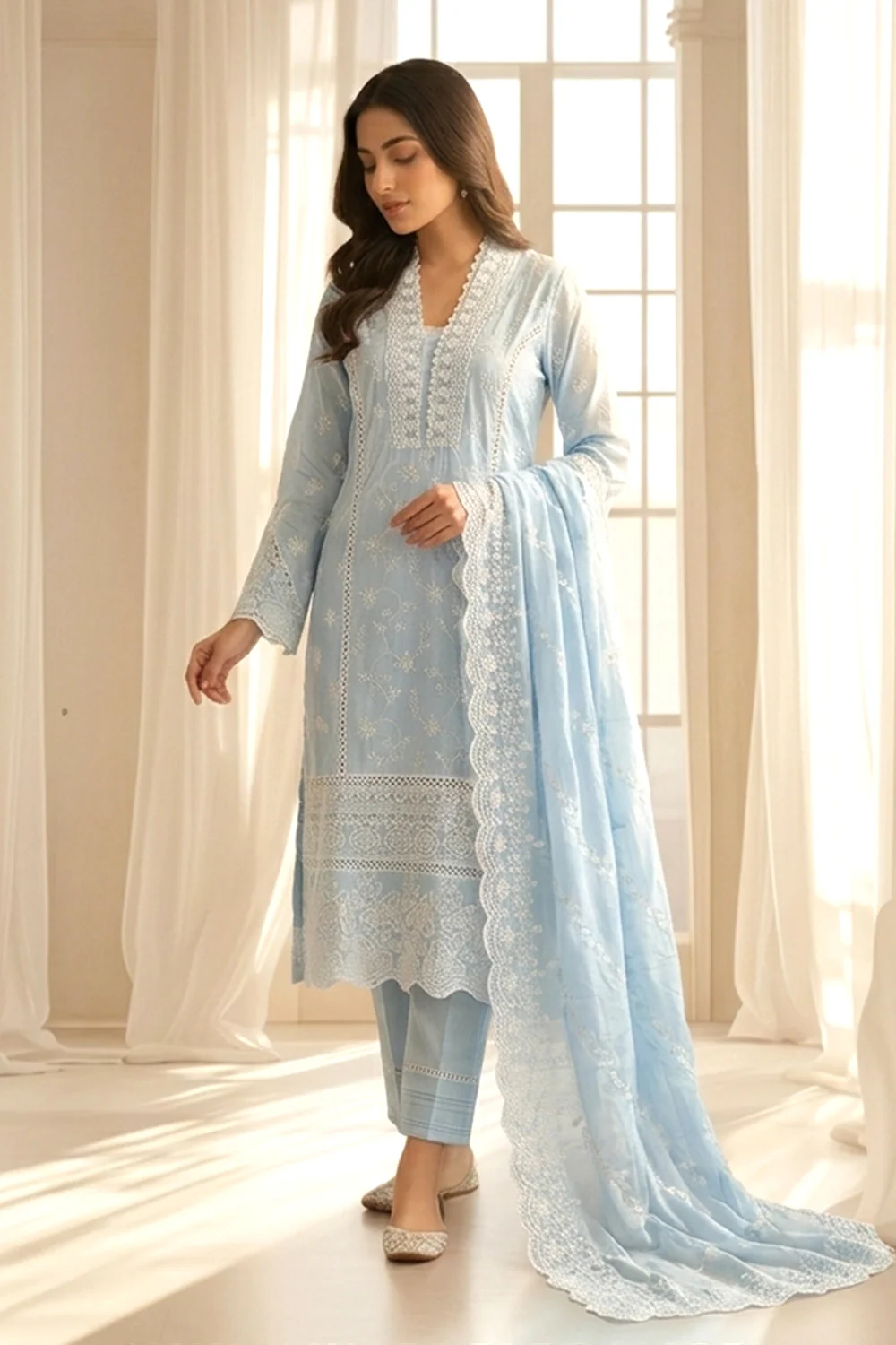 Light Blue Mul Cotton Chikankari Work Suit Set - Image 3