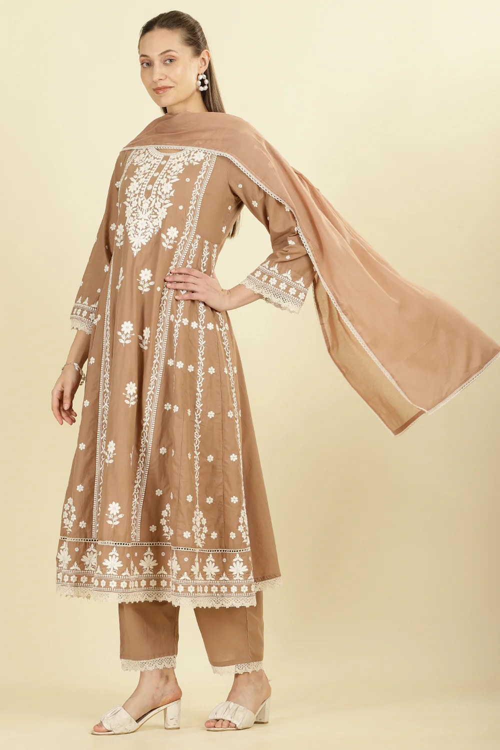 Light Brown Cotton Resham Floral Embroidered Anarkali Suit Set - Image 5