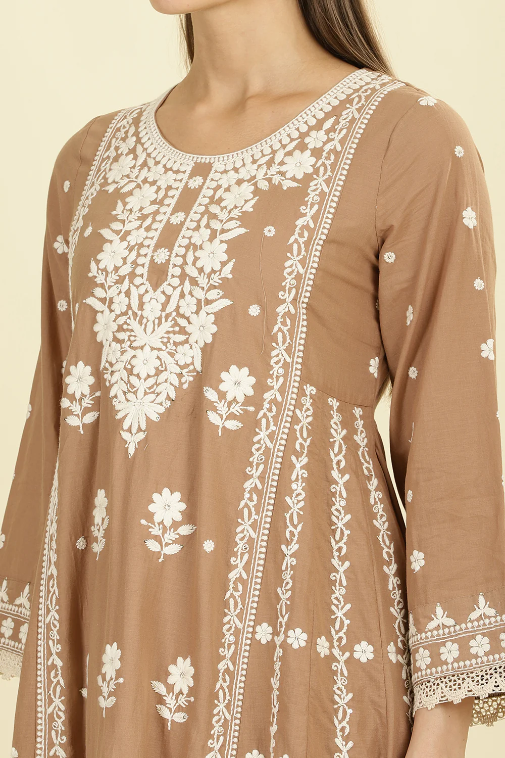 Light Brown Cotton Resham Floral Embroidered Anarkali Suit Set - Image 6