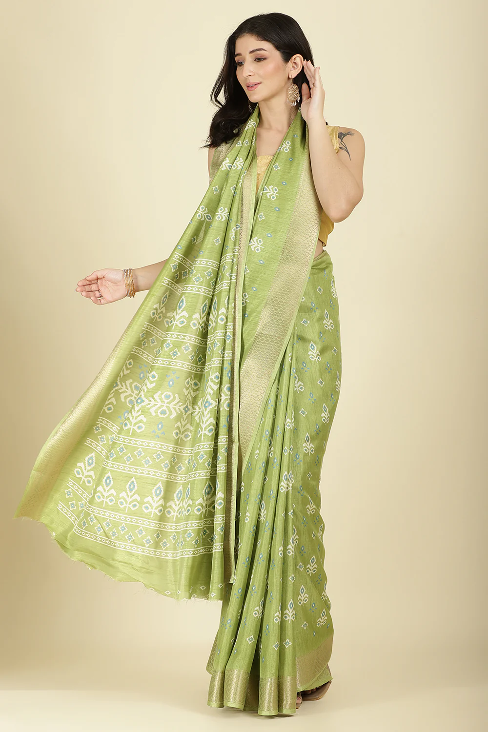 Light Green Cotton Silk Printed And Zari Woven Saree - Image 2