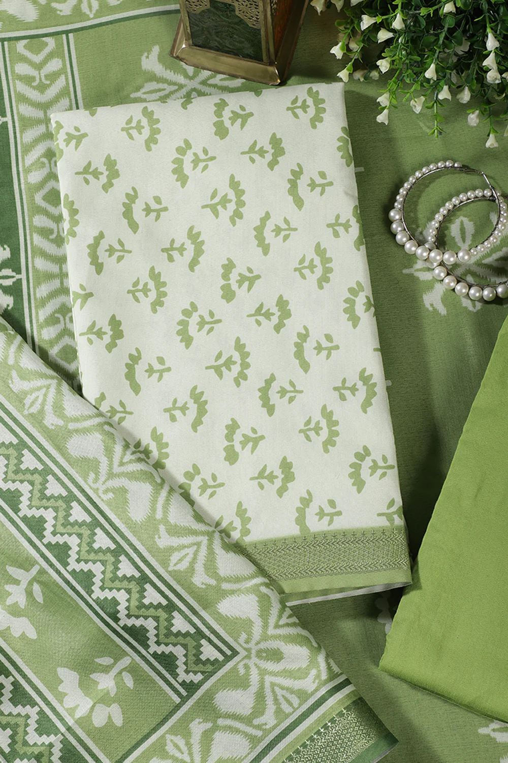 Light Green Floral Block Print Cotton Unstitched Suit Fabric - Image 2