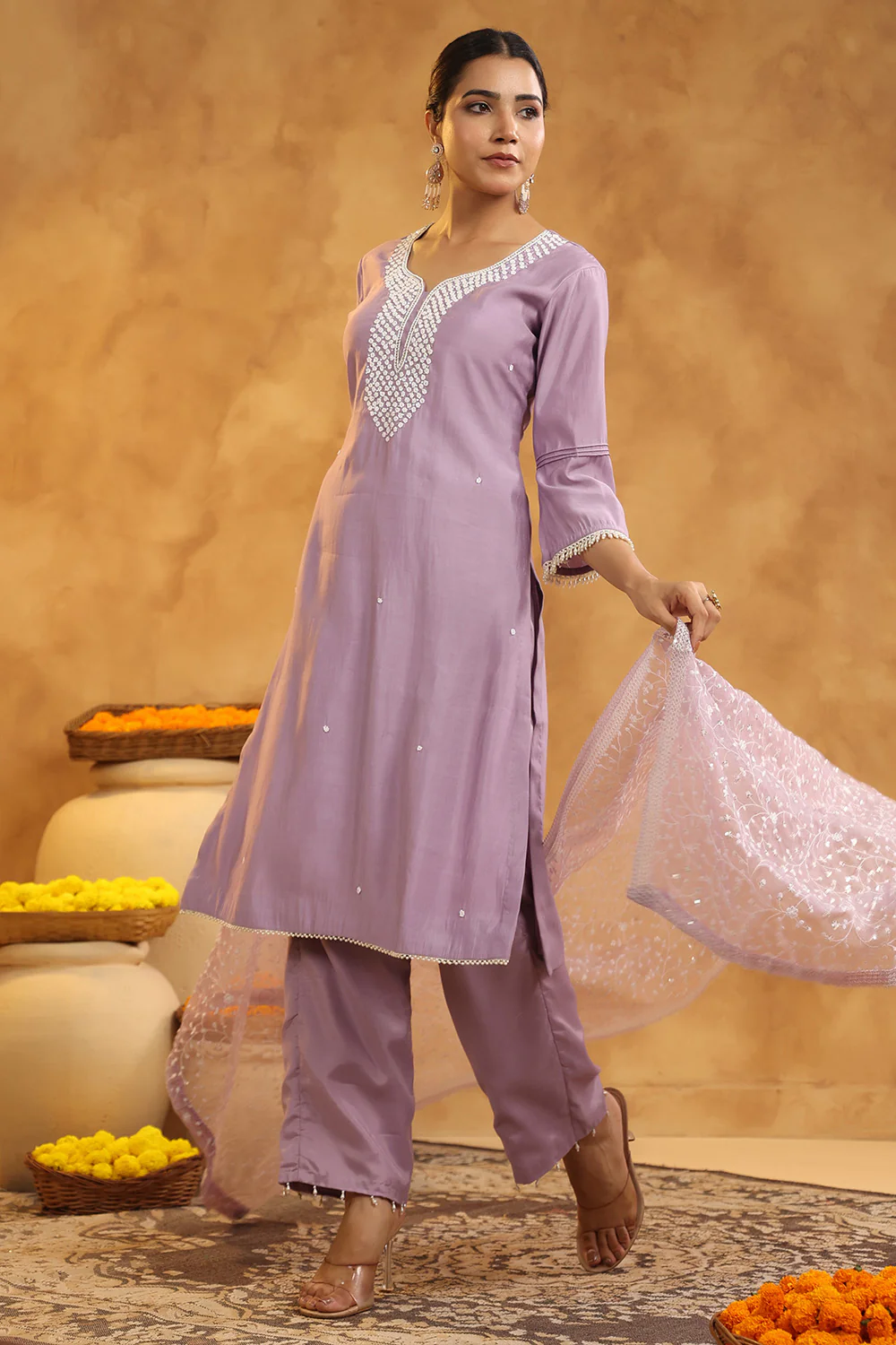 Light Lavender Color Cotton Neck Embroidered Unstitched Suit Fabric - Image 10