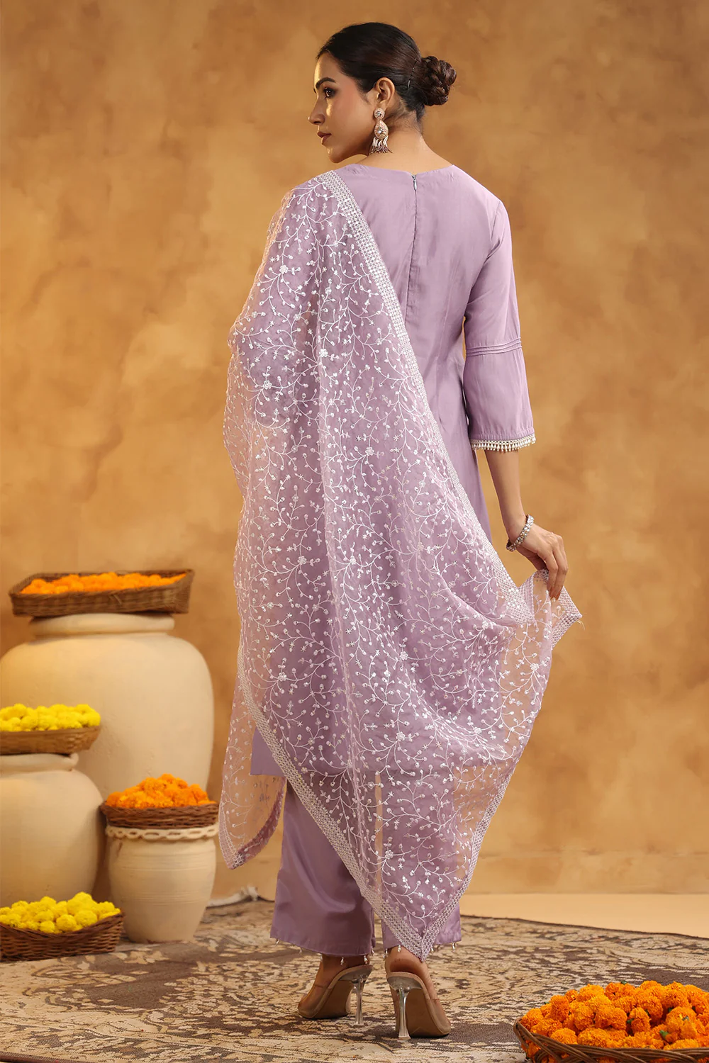 Light Lavender Color Cotton Neck Embroidered Unstitched Suit Fabric - Image 3