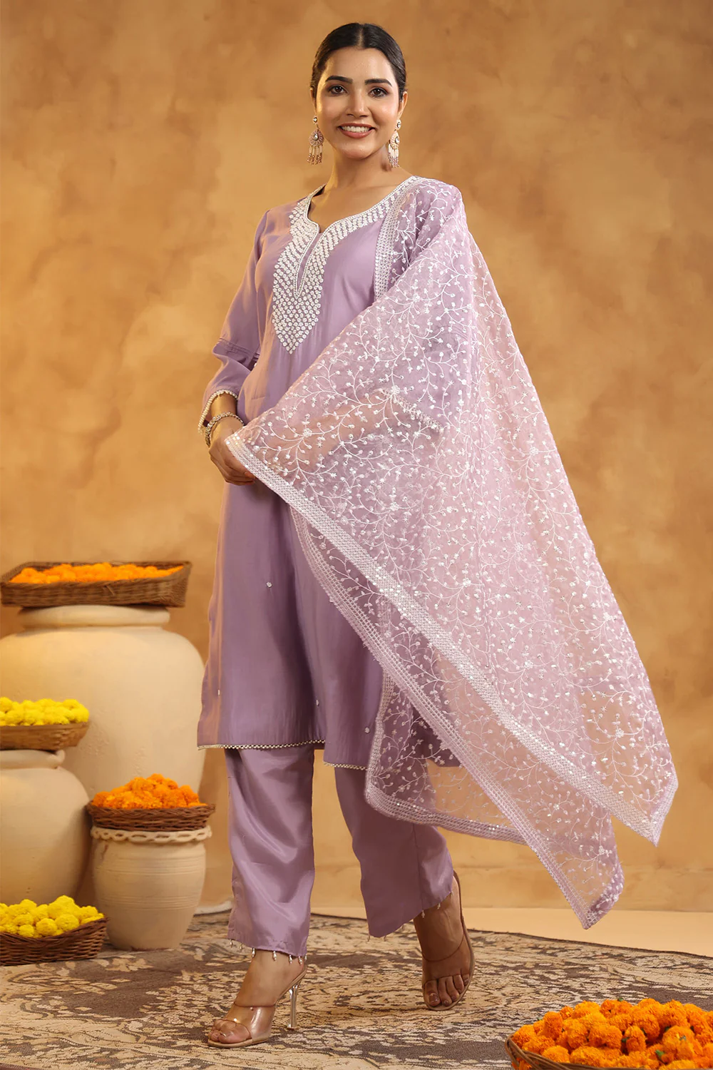 Light Lavender Color Cotton Neck Embroidered Unstitched Suit Fabric - Image 4