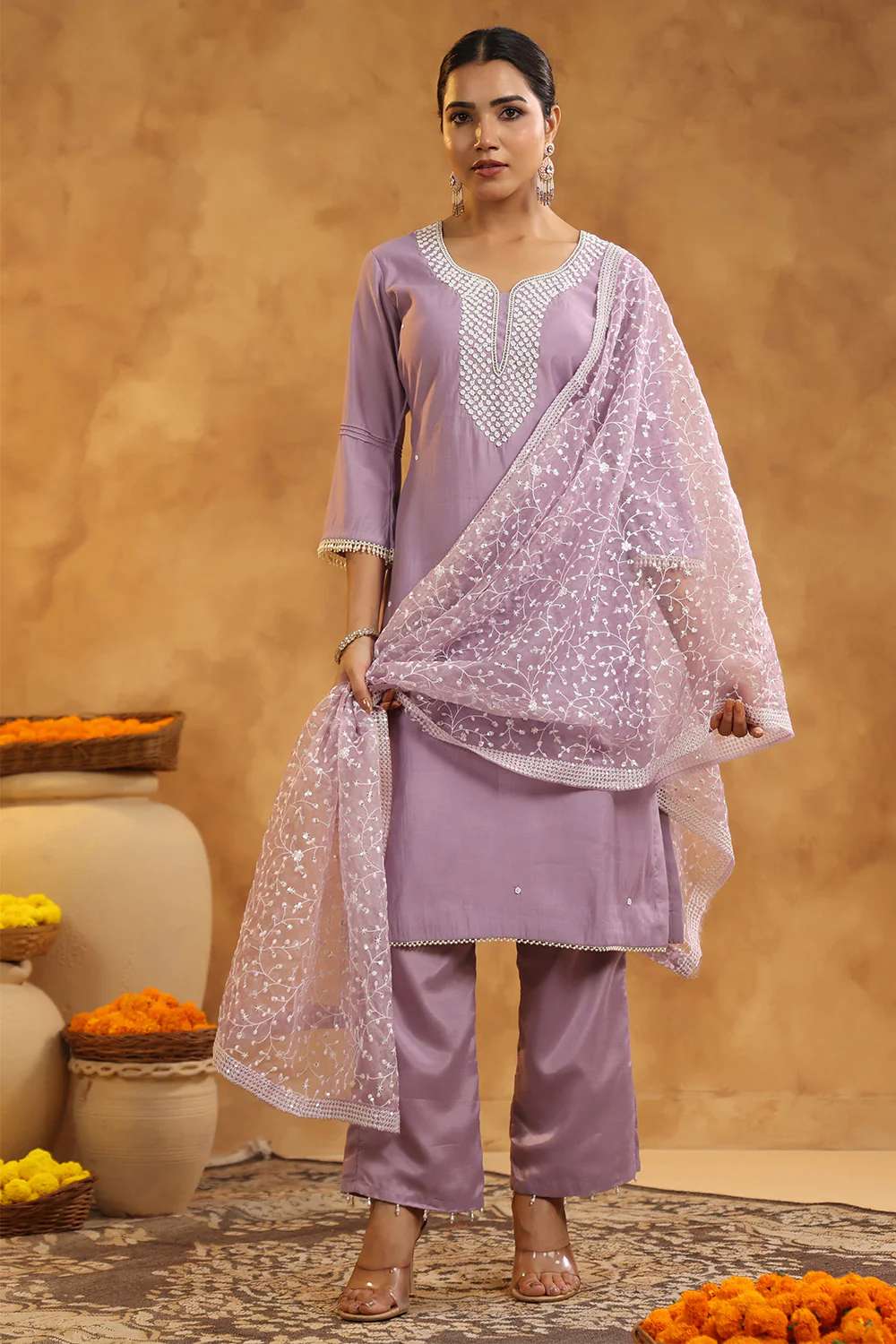Light Lavender Color Cotton Neck Embroidered Unstitched Suit Fabric - Image 5