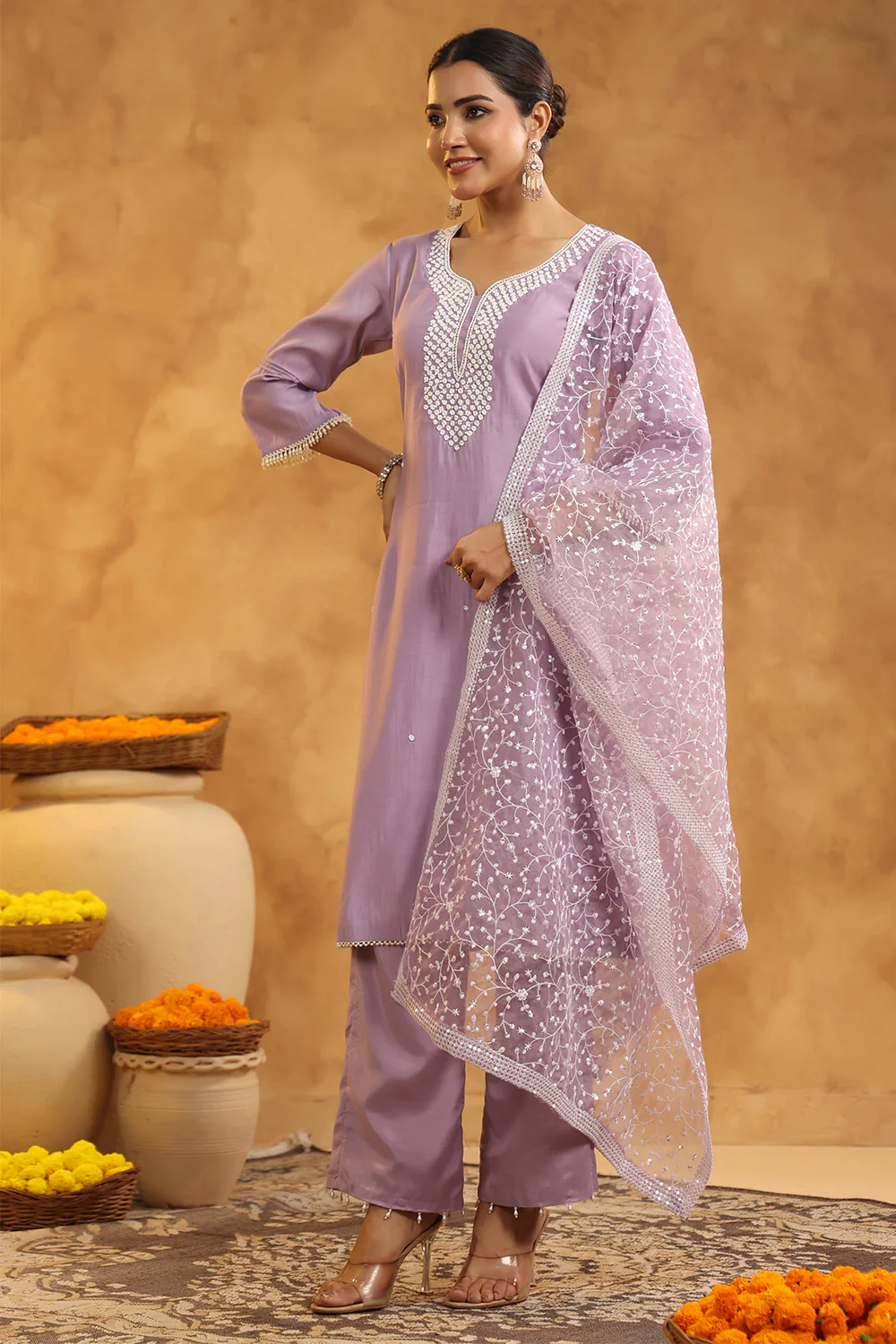 Light Lavender Color Cotton Neck Embroidered Unstitched Suit Fabric - Image 7