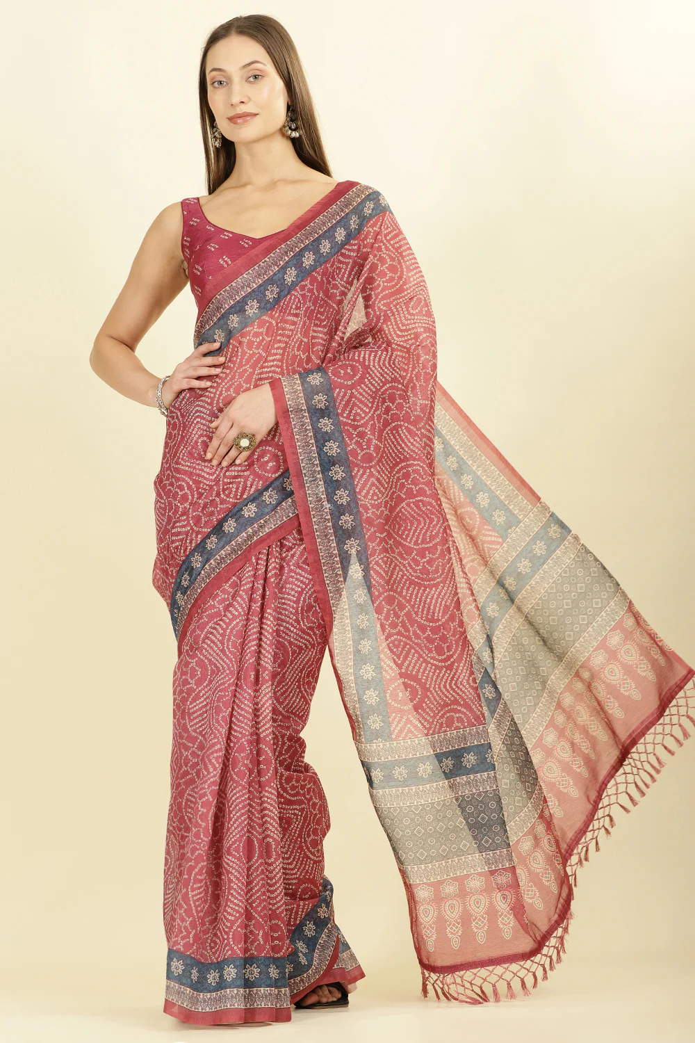 Light Maroon Bandhani Printed Cotton Saree - Image 2