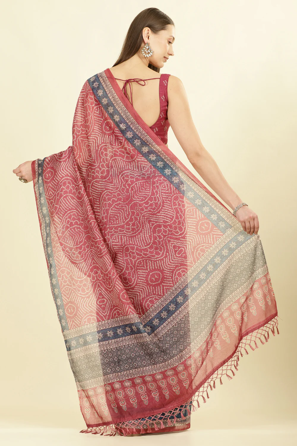Light Maroon Bandhani Printed Cotton Saree - Image 3