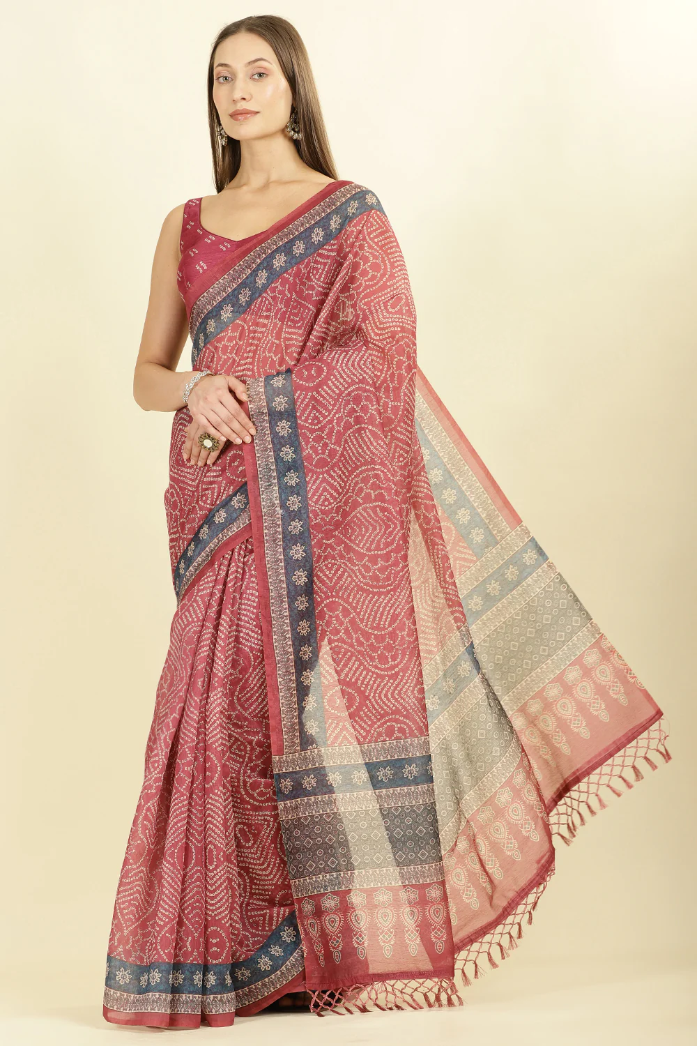 Light Maroon Bandhani Printed Cotton Saree - Image 4