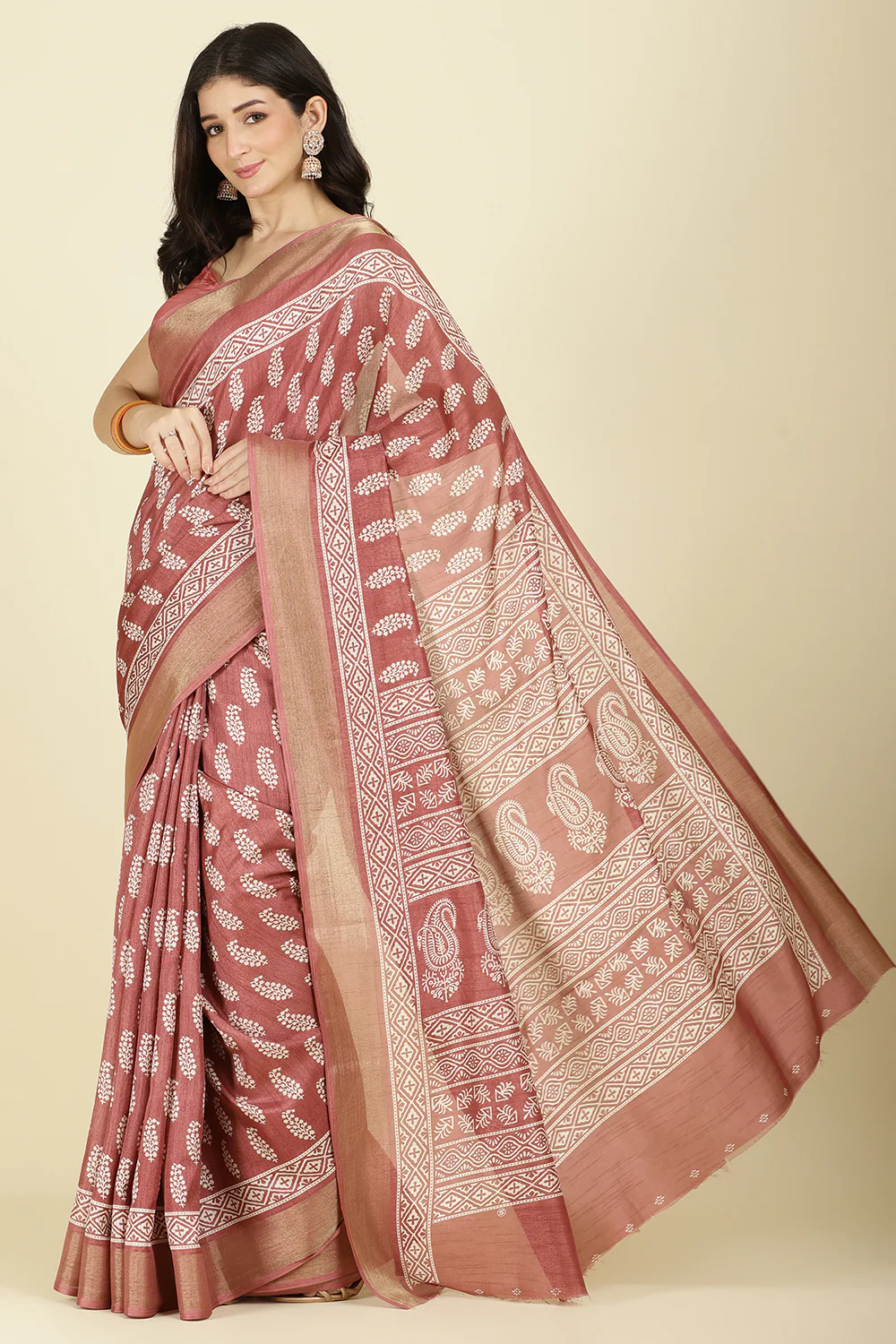 Light Maroon Cotton Silk Boota Printed And Zari Woven Saree - Image 4