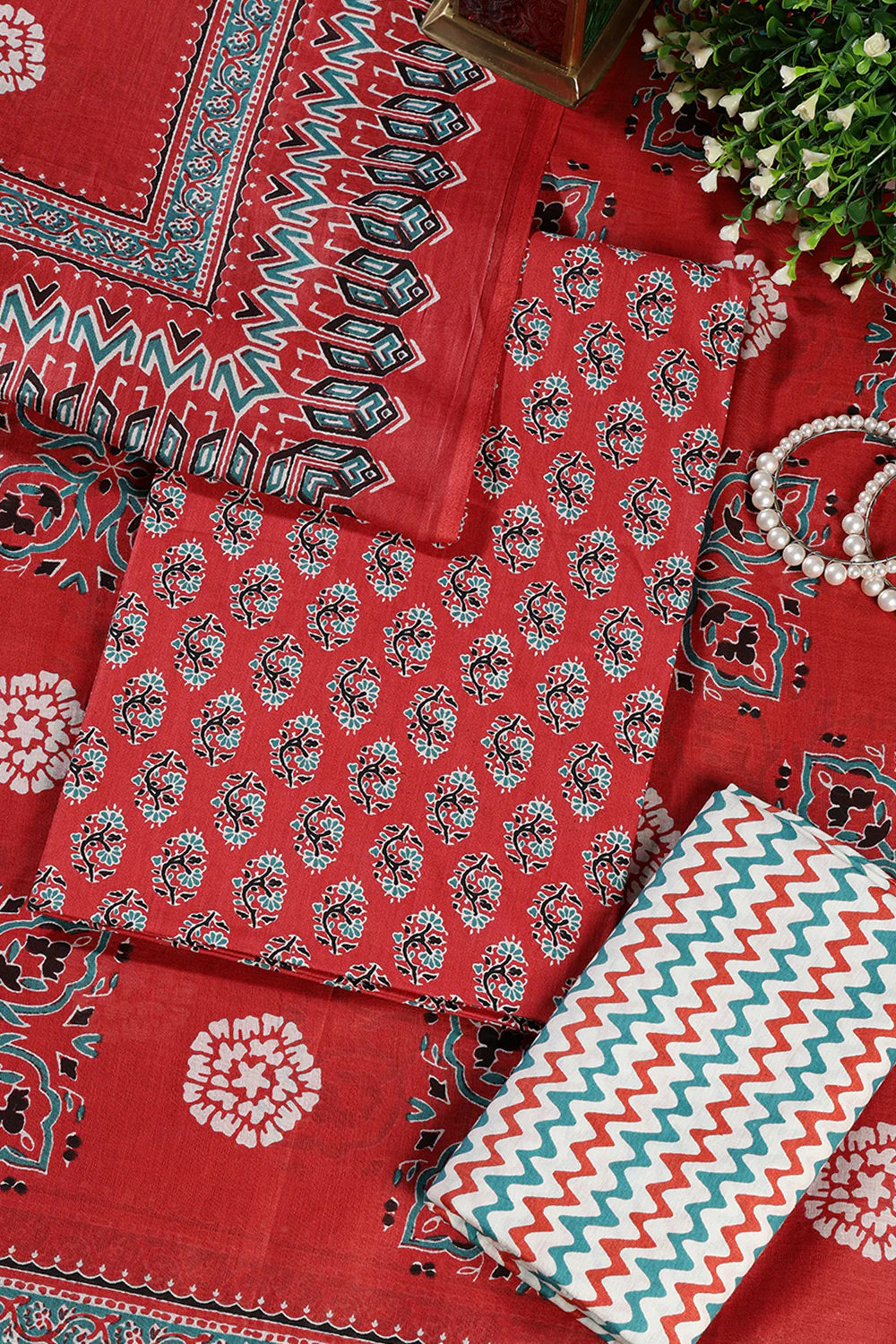 Light Maroon Poplin Cotton Printed Unstitched Suit Material