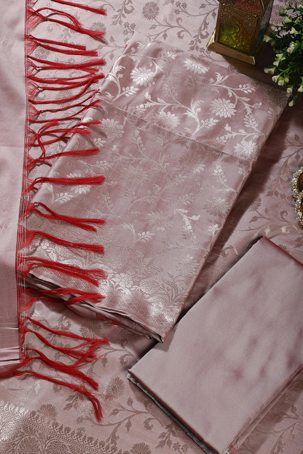 Light Mauve Zari Floral Woven Silk Unstitched Suit Fabric - Image 3