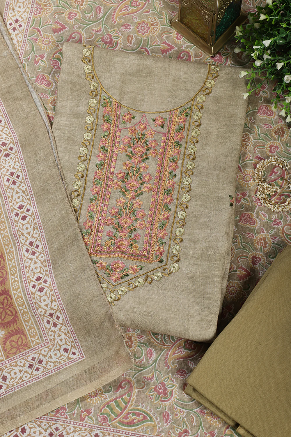 Light Mehandi Green Cotton Resham Embroidered Unstitched Suit