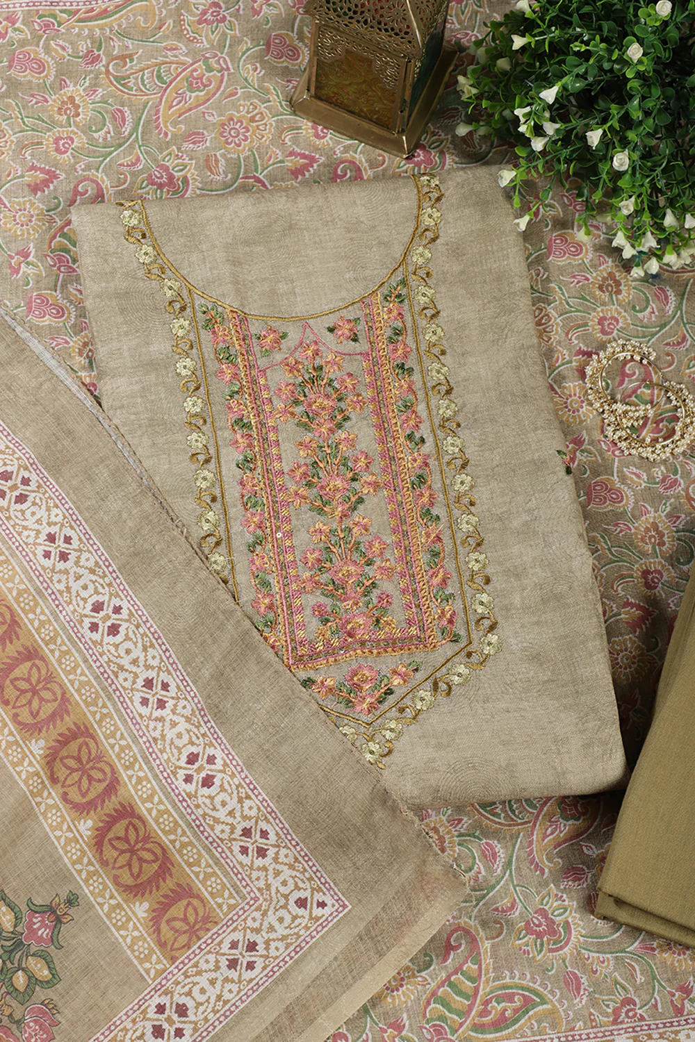 Light Mehandi Green Cotton Resham Embroidered Unstitched Suit - Image 2