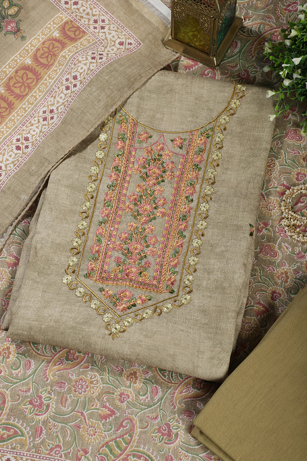 Light Mehandi Green Cotton Resham Embroidered Unstitched Suit - Image 3