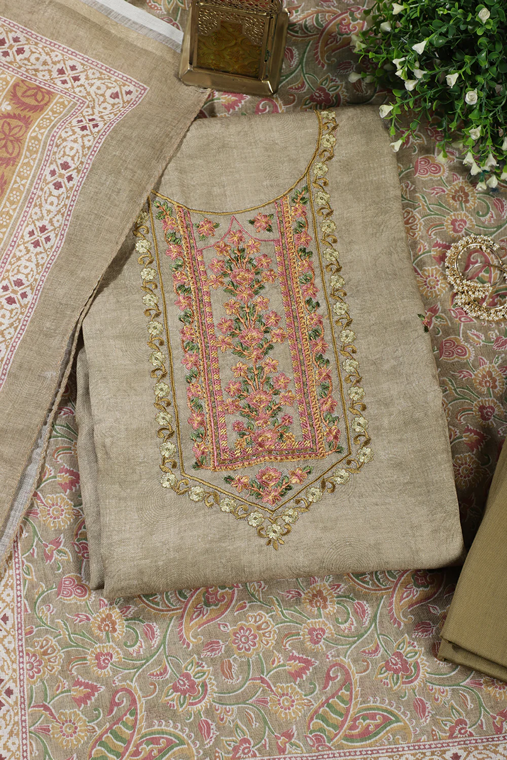 Light Mehandi Green Cotton Resham Embroidered Unstitched Suit - Image 4