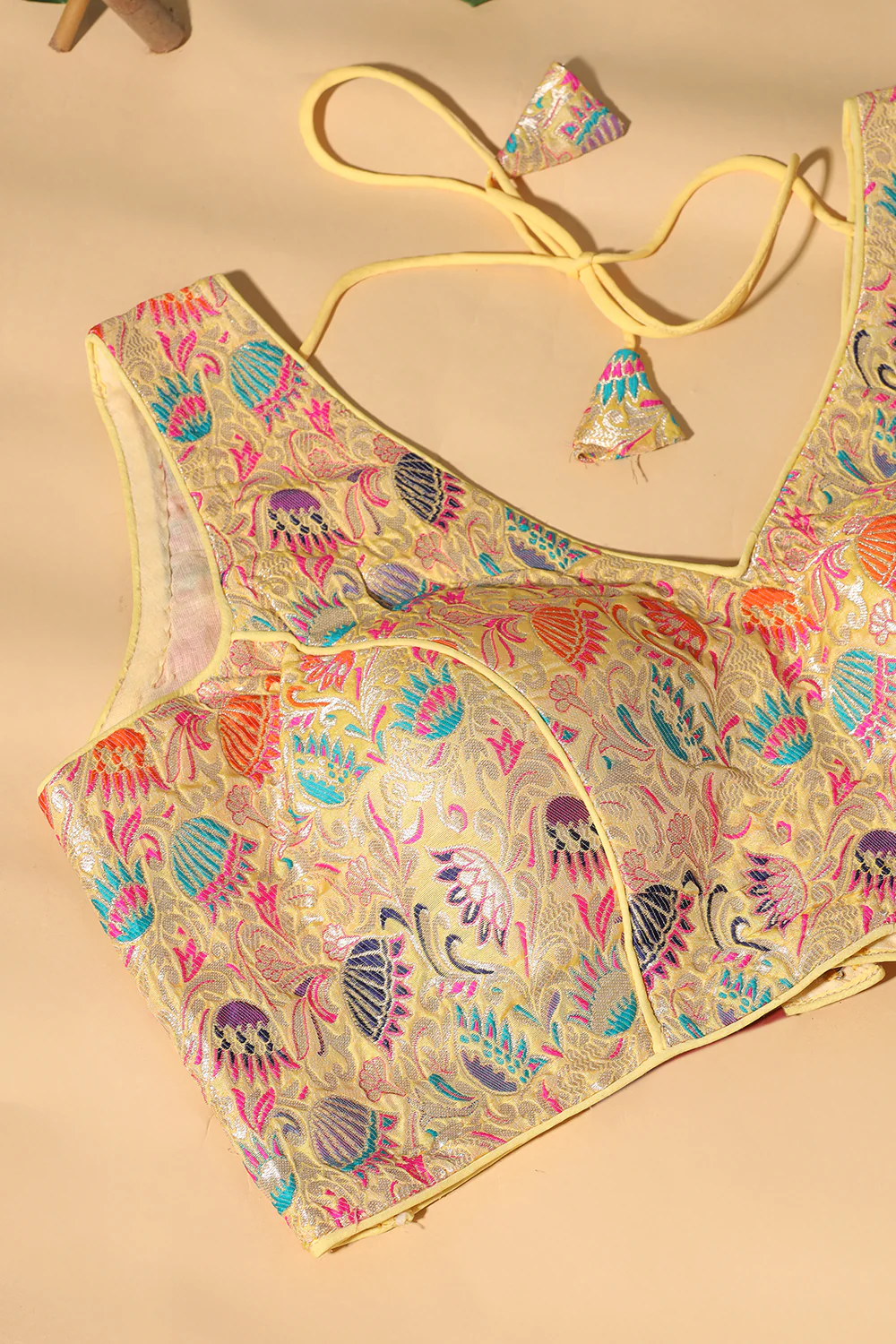 Light Mustard Brocade Sik Resham And Zari Woven Readymade Blouse - Image 4