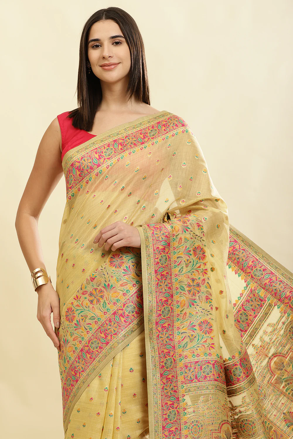 Light Mustard Chanderi Cotton kashida Weaves Saree - Image 6