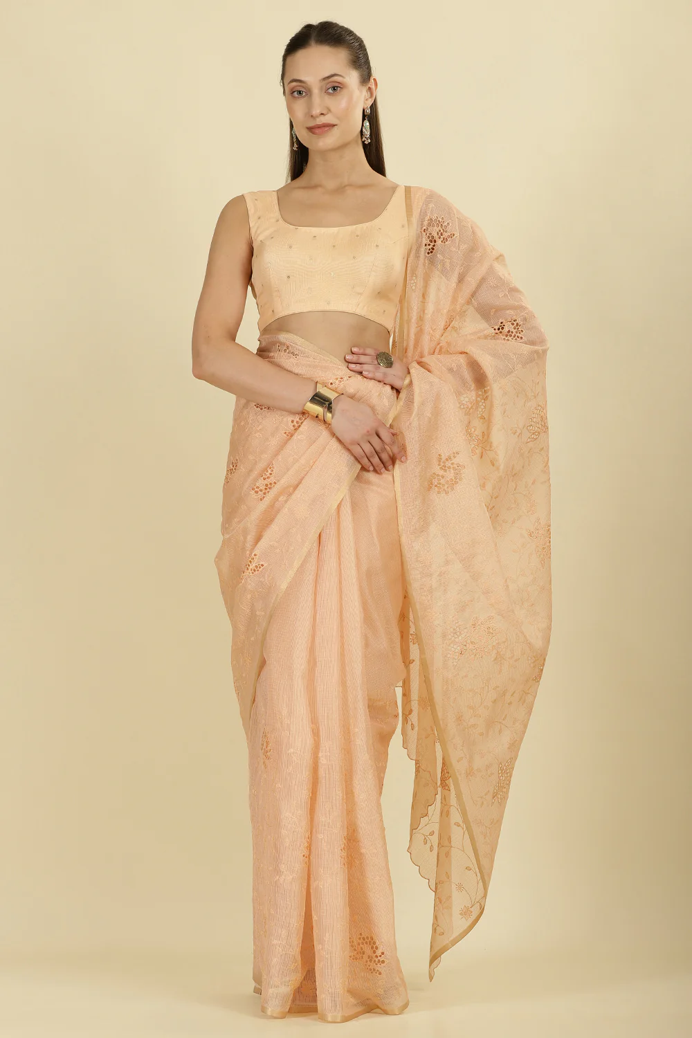 Light Peach Floral Resham Embroidered Cotton Saree - Image 2