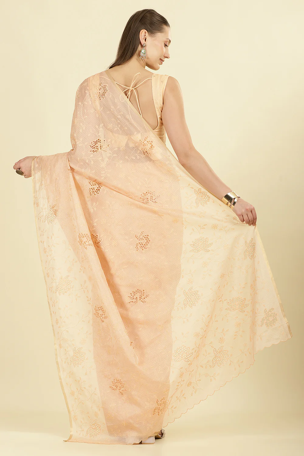 Light Peach Floral Resham Embroidered Cotton Saree - Image 3