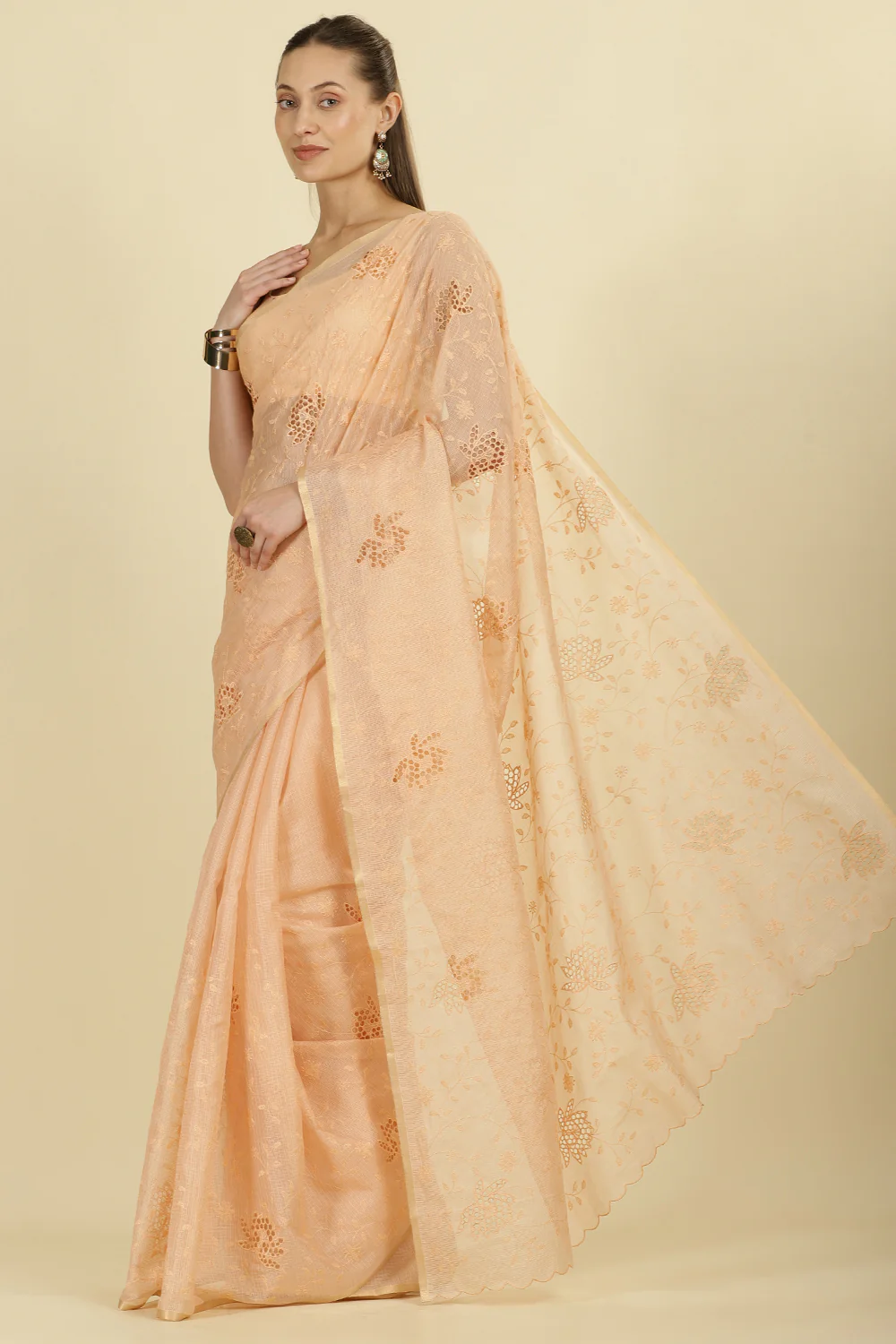 Light Peach Floral Resham Embroidered Cotton Saree - Image 5