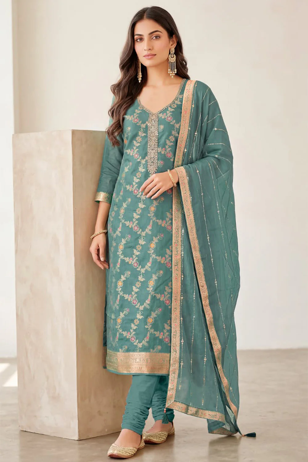 Light Sea Green Silk Resham And Zari Woven Unstitched Suit Fabric