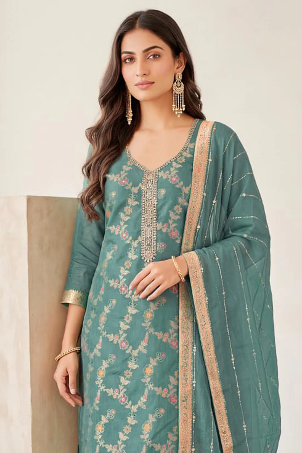 Light Sea Green Silk Resham And Zari Woven Unstitched Suit Fabric - Image 3