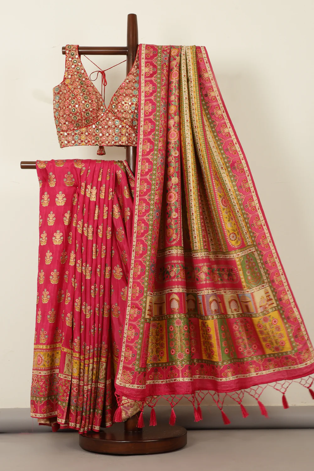 Magenta Pink Banarsi Position Woven Silk Saree - Image 2