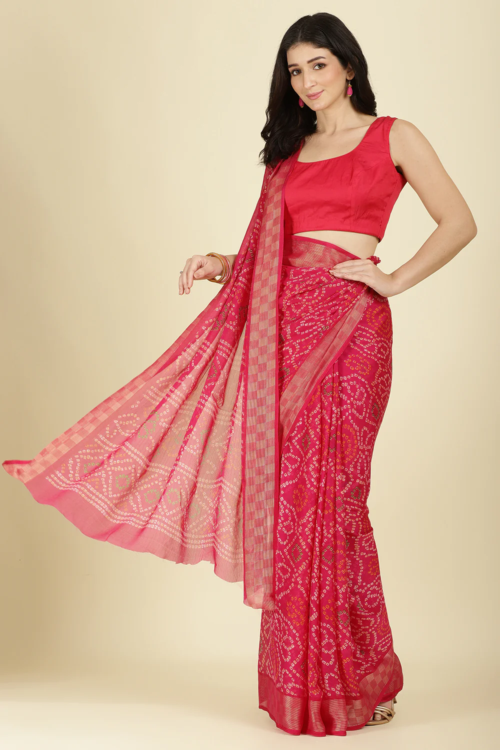 Magenta Pink Color Chiffon Bandhani Printed Saree - Image 2