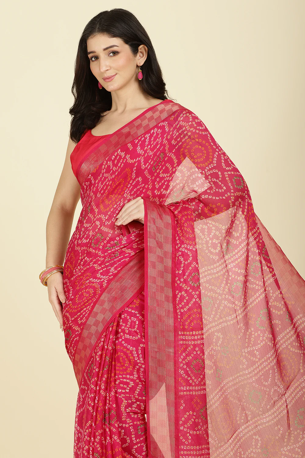 Magenta Pink Color Chiffon Bandhani Printed Saree - Image 6
