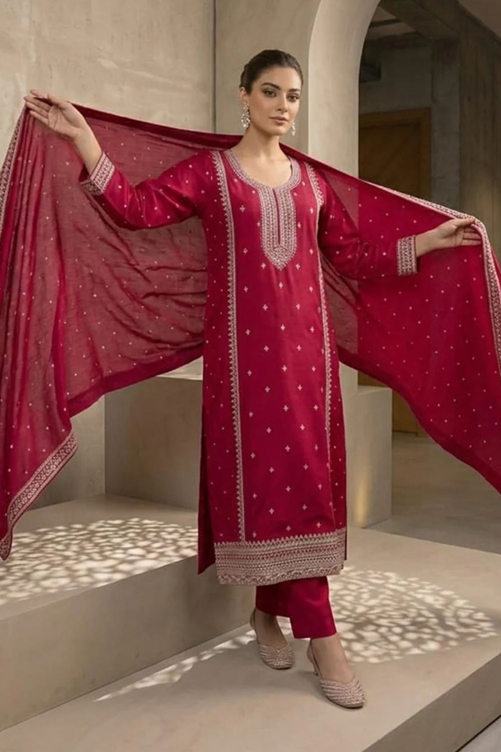 Magenta Pink Crepe Silk Zari and Sequins Embroidered Anarkali Suit - Image 2