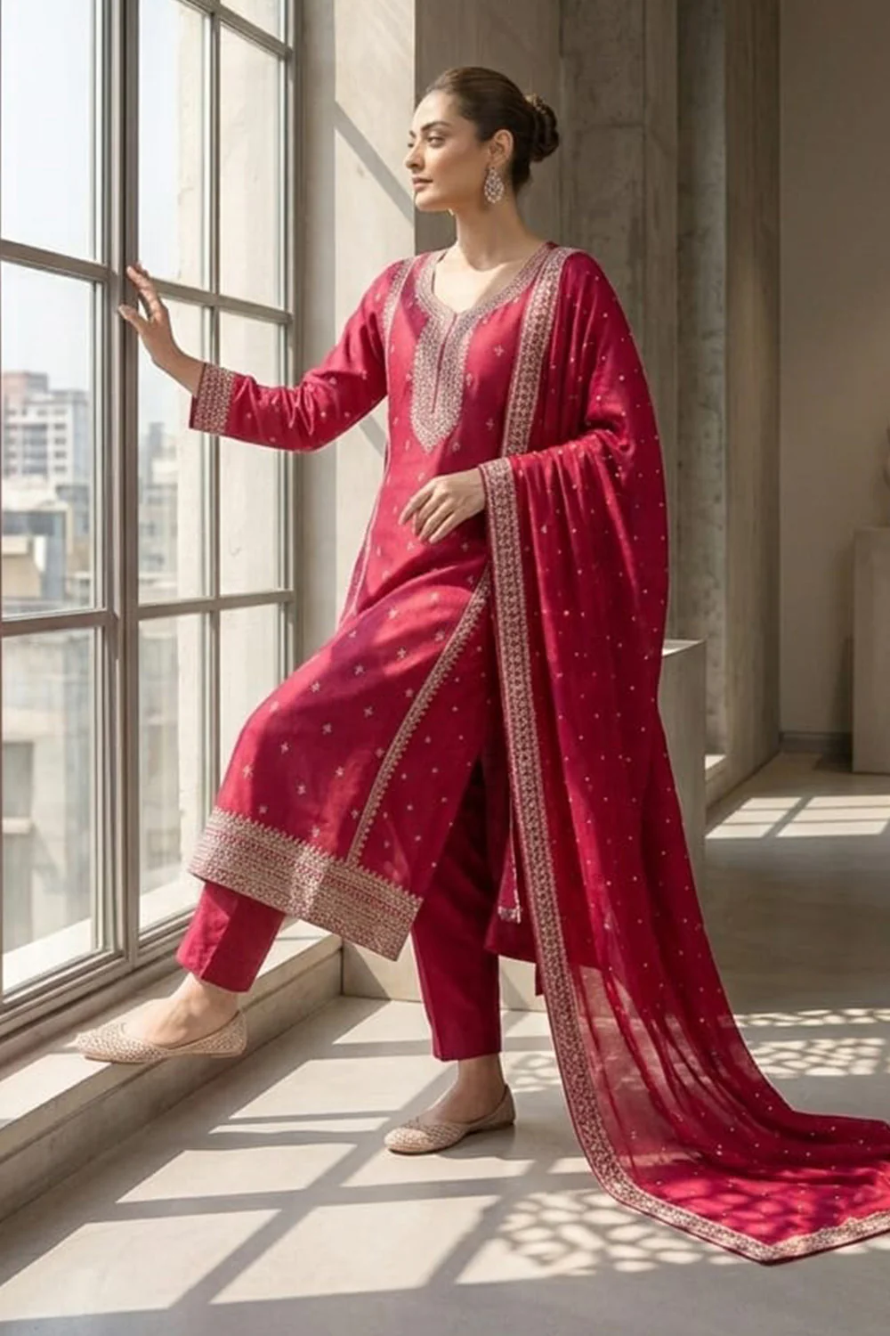 Magenta Pink Crepe Silk Zari and Sequins Embroidered Anarkali Suit - Image 4