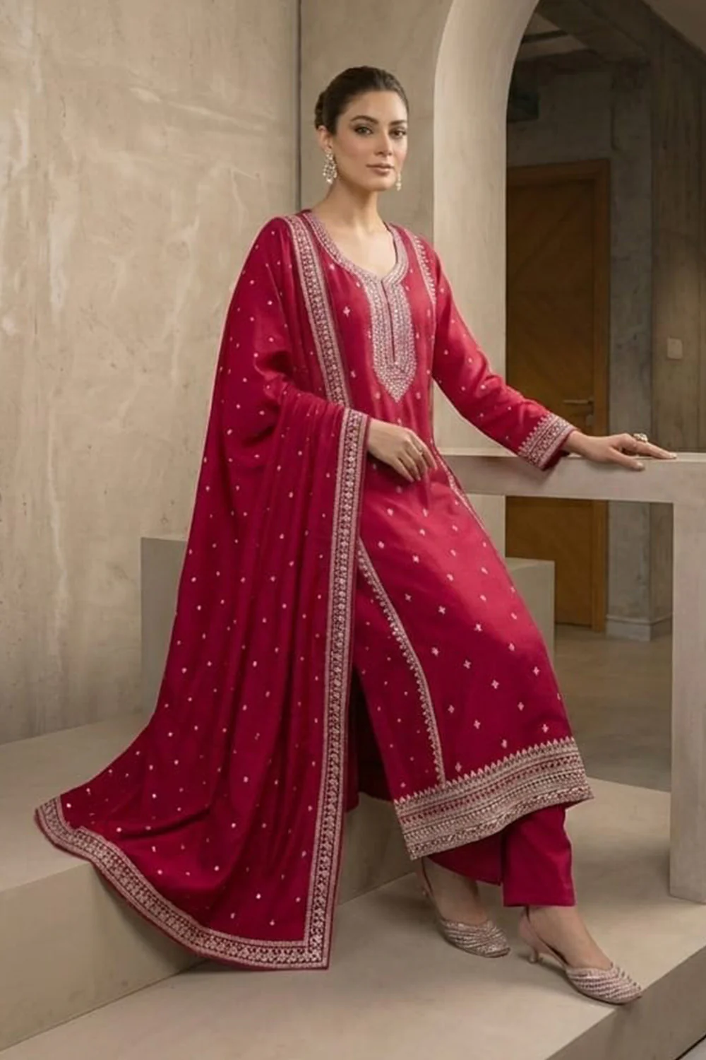 Magenta Pink Crepe Silk Zari and Sequins Embroidered Anarkali Suit - Image 5