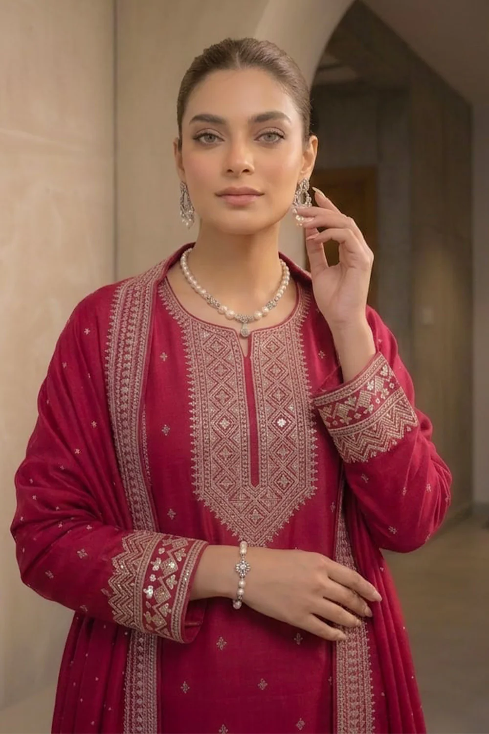 Magenta Pink Crepe Silk Zari and Sequins Embroidered Anarkali Suit - Image 8