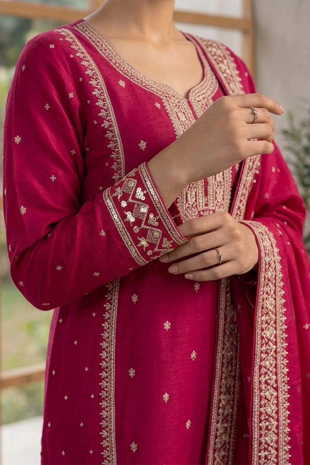 Magenta Pink Crepe Silk Zari and Sequins Embroidered Anarkali Suit - Image 9
