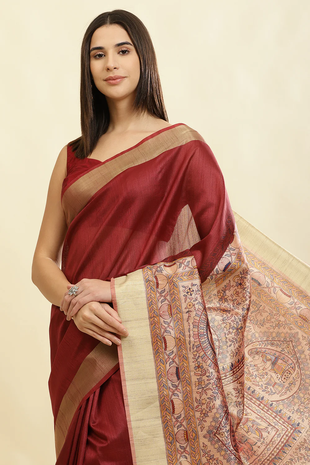 Maroon Color Cotton Silk Madhubani Print Saree - Image 5