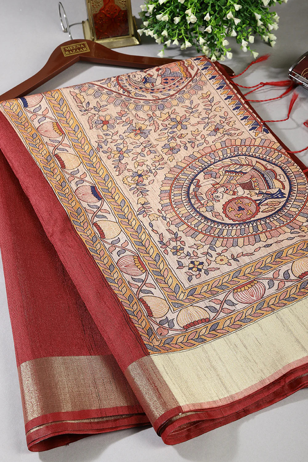Maroon Color Cotton Silk Madhubani Print Saree - Image 6