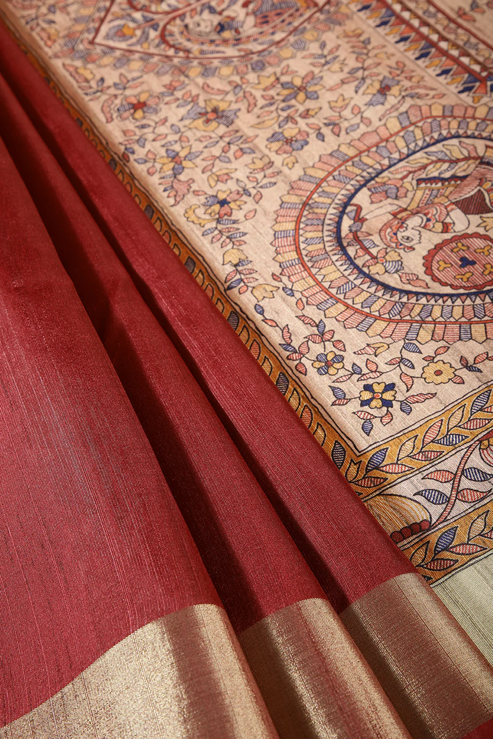 Maroon Color Cotton Silk Madhubani Print Saree - Image 8
