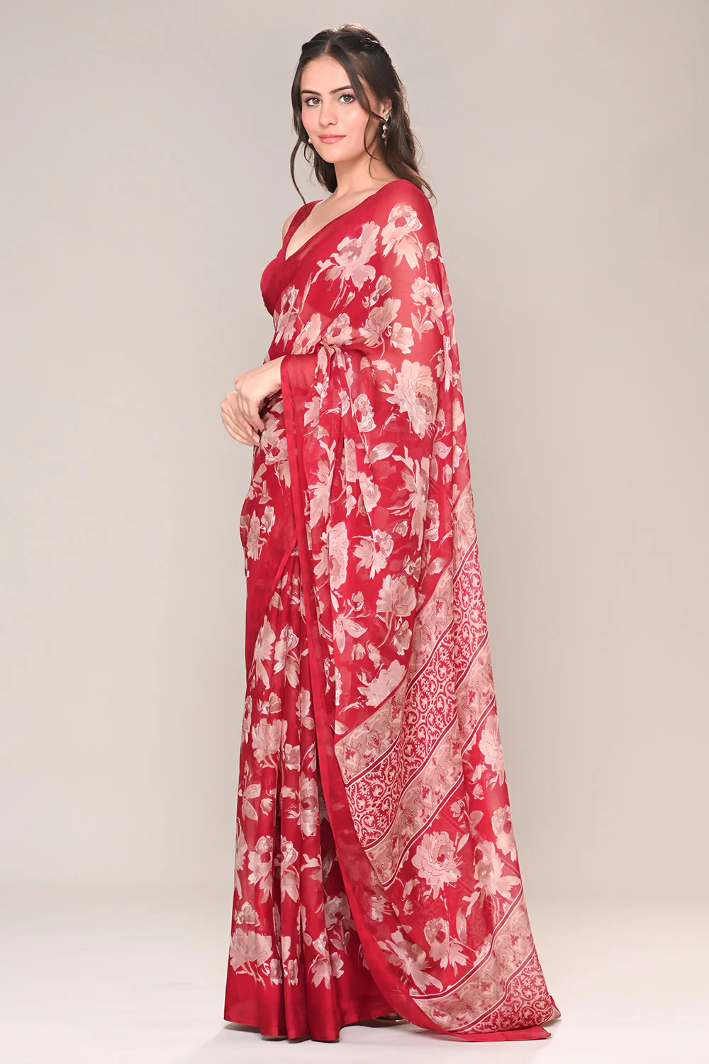 Maroon Color Floral Printed Chiffon Saree - Image 2