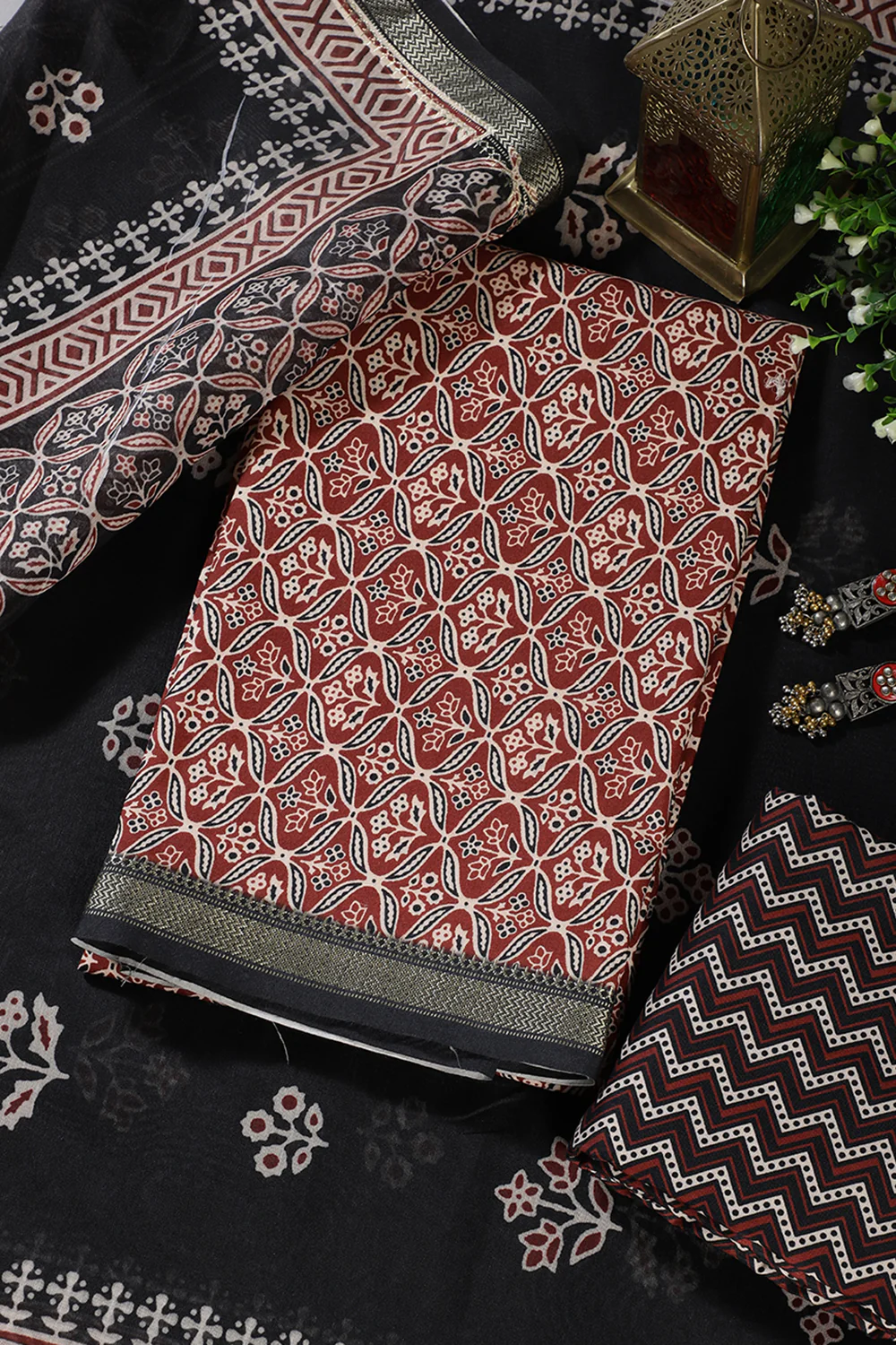 Maroon Cotton Ajrakh Block Print Unstitched Suit Material - Image 3