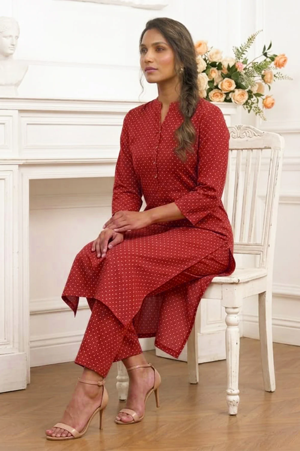 Maroon Cotton Printed Kurta Set - Image 3